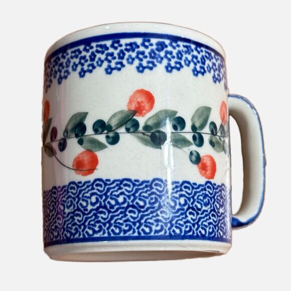 Polish Pottery Czaja Red Floral Cherry Print Coffee Mug - Picture 1 of 3